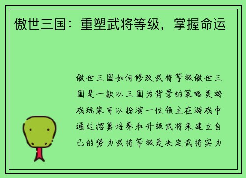 傲世三国：重塑武将等级，掌握命运